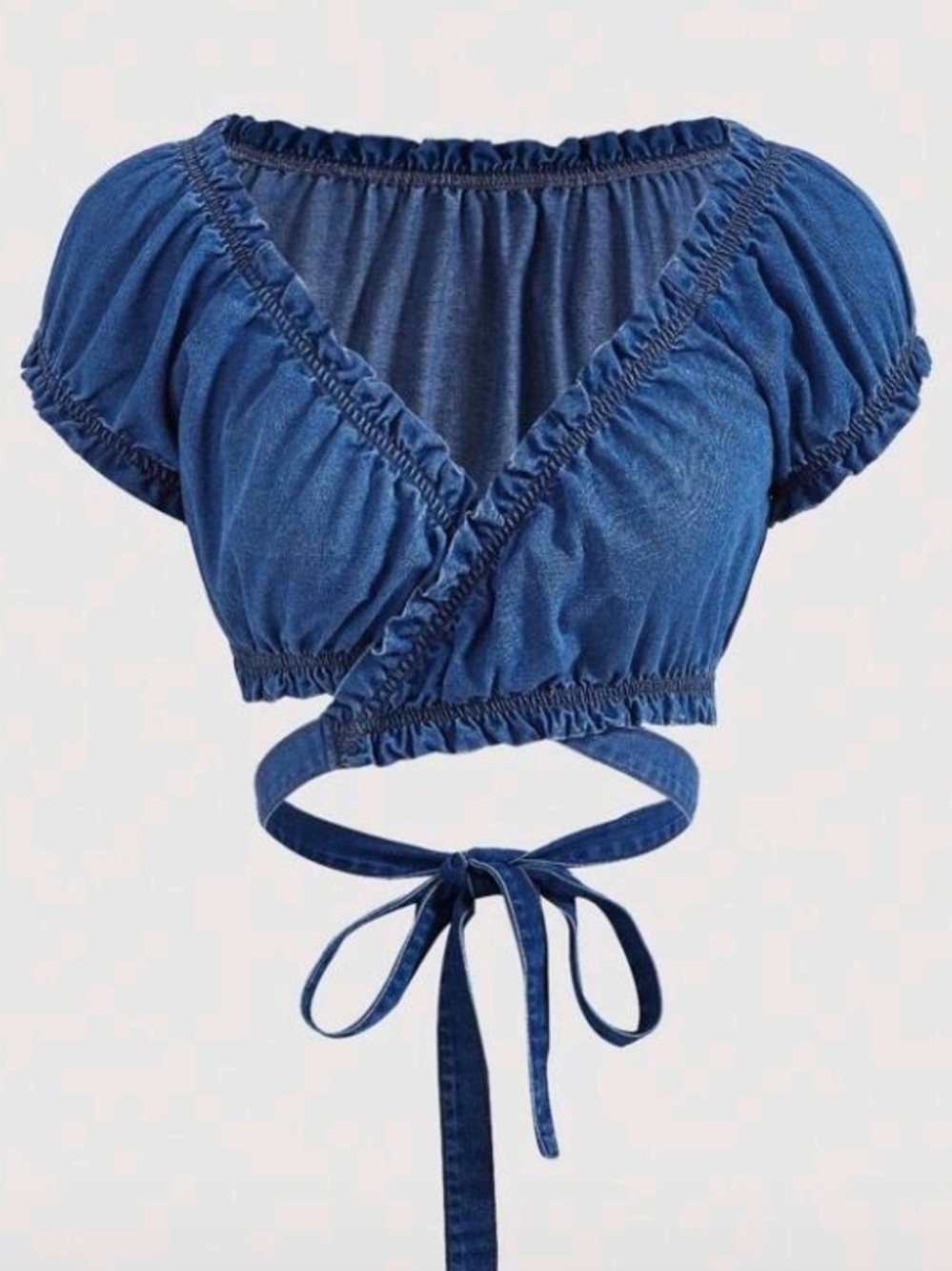 Blue Wrap Crop Top with Tie-Front
